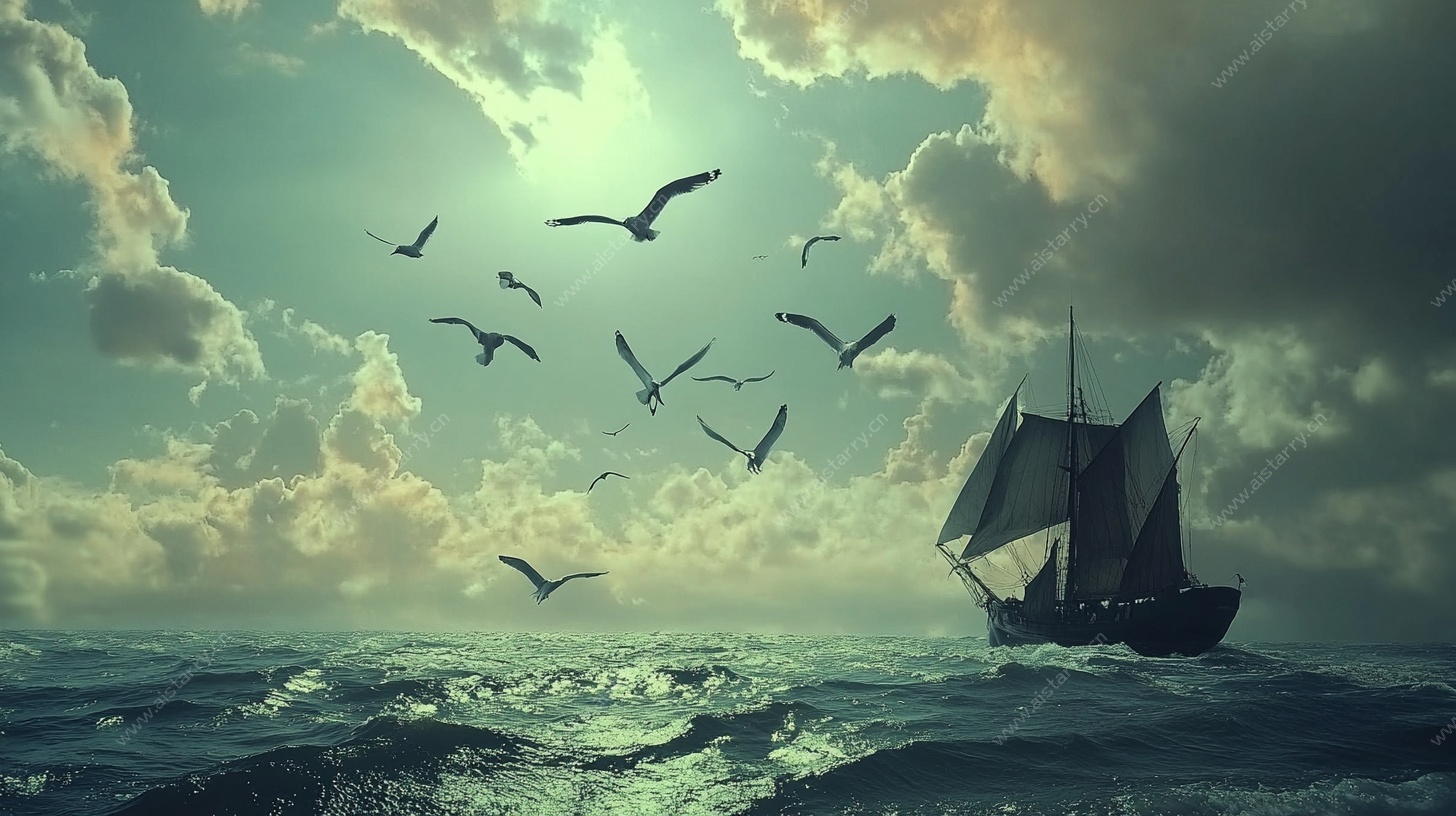 海上帆船与群鸟的奇幻景象