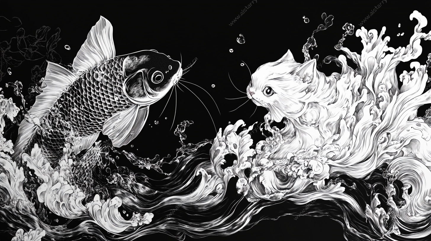 黑白锦鲤跃浪图