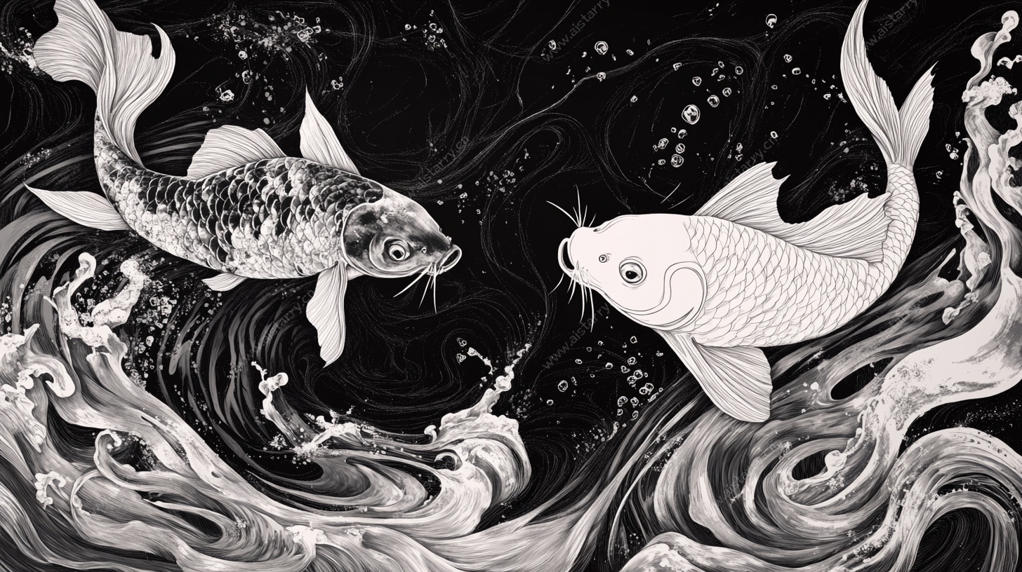 黑白锦鲤戏浪图