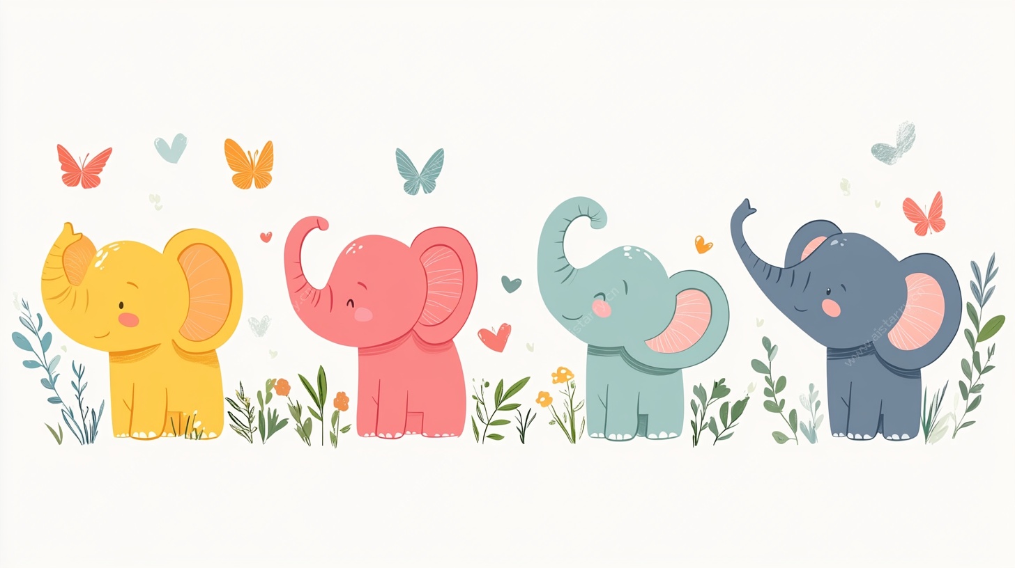 可爱小象与蝴蝶花草图景