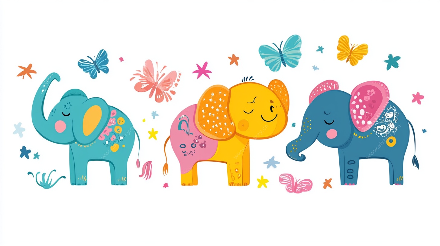 可爱大象与蝴蝶插画