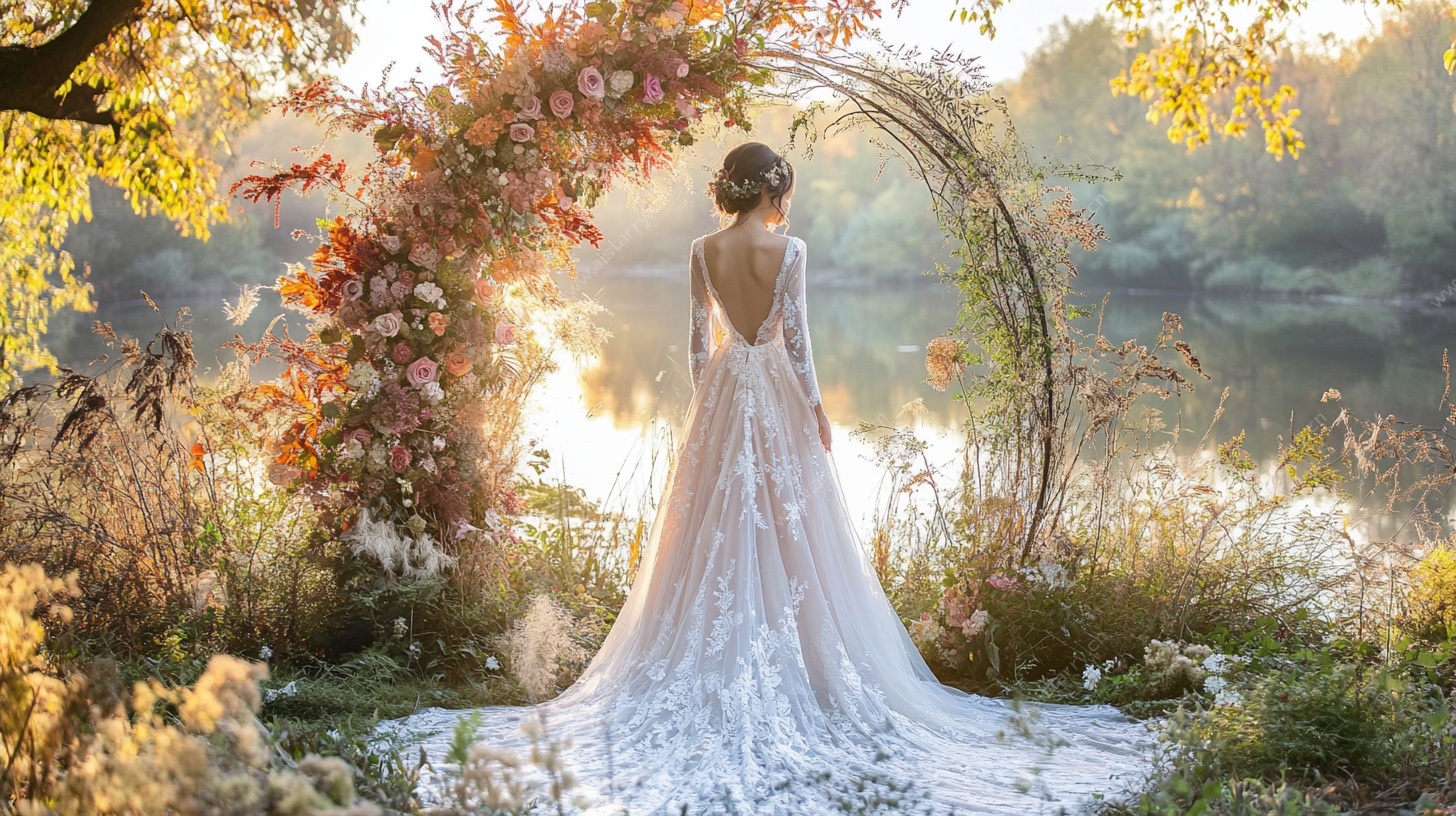 秋日湖畔的唯美婚纱背影