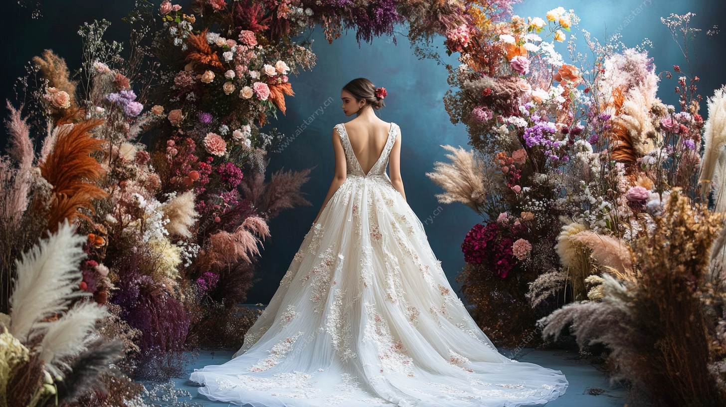 梦幻花海中的婚纱背影