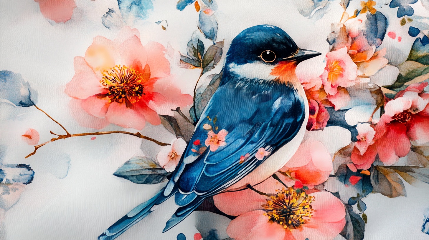 蓝鸟栖花图
