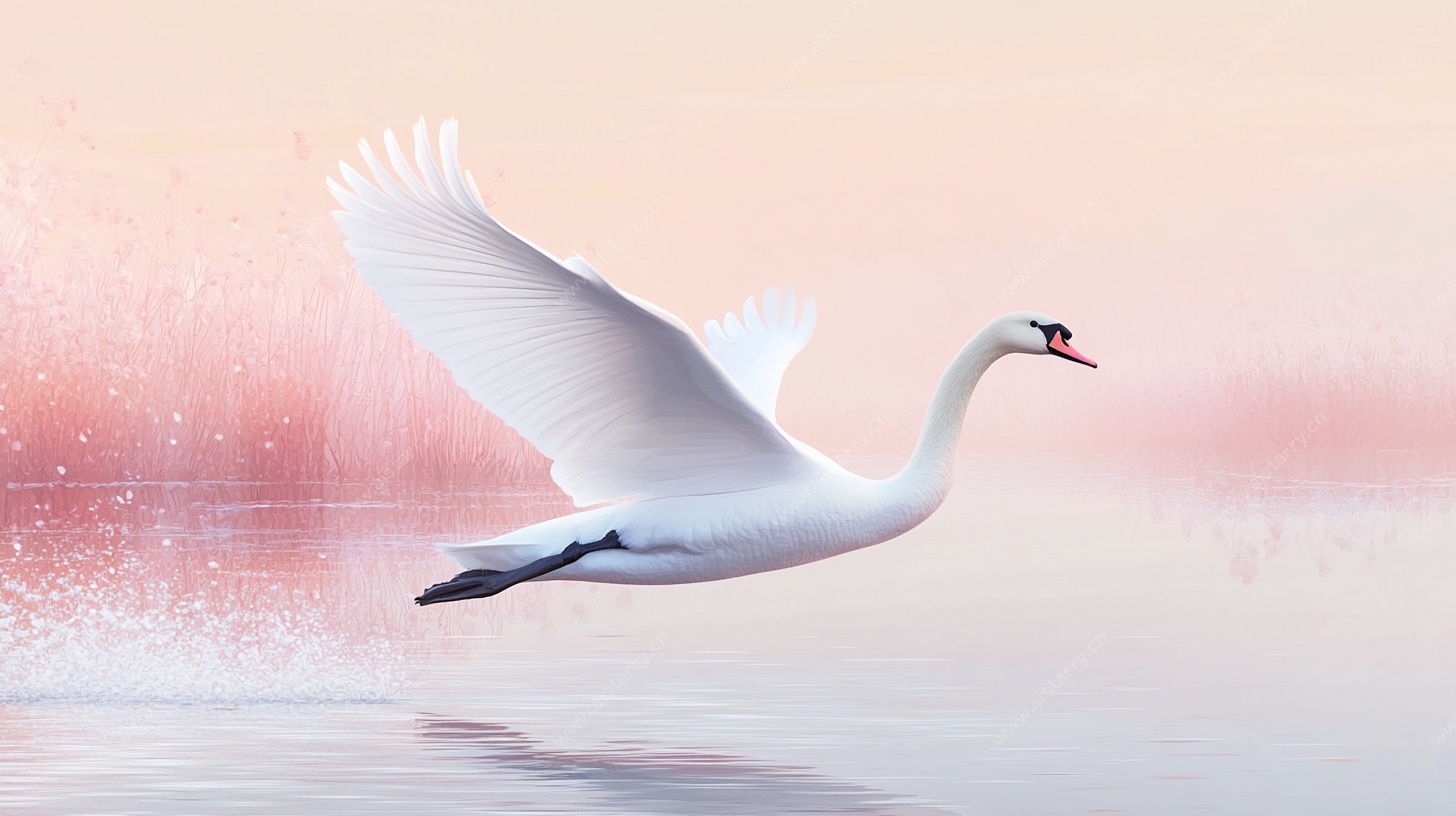 天鹅展翅于梦幻湖景