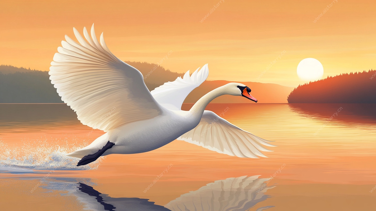 夕阳下展翅的优雅天鹅
