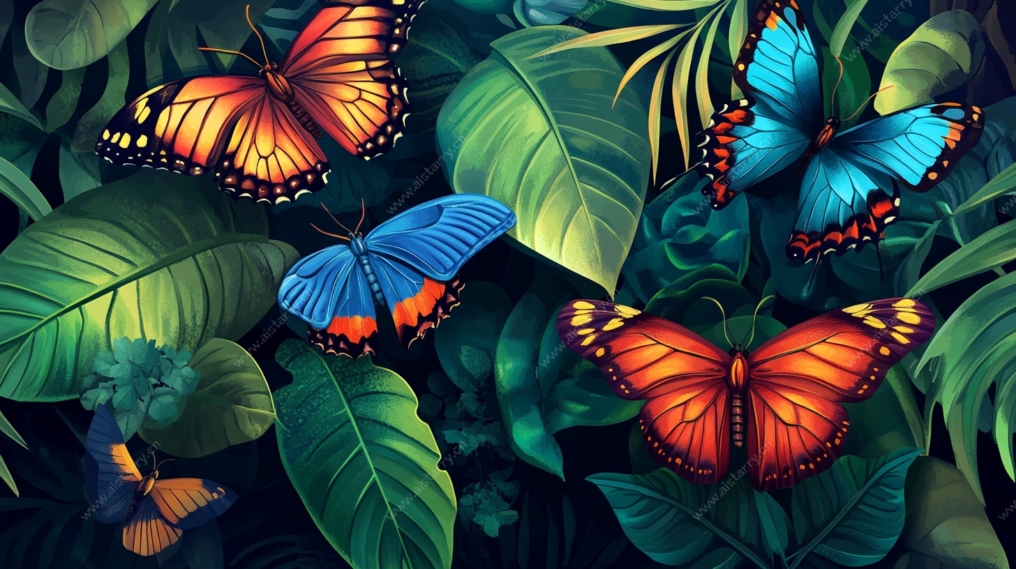 多彩蝴蝶穿梭繁茂绿叶间