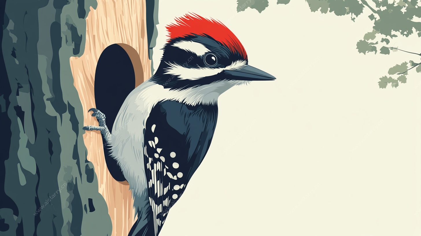 啄木鸟在树洞旁插画