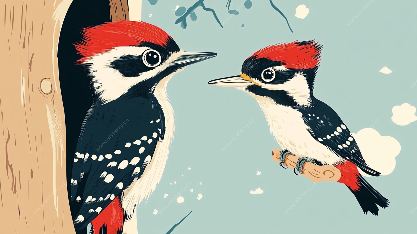 两只啄木鸟的温馨画面