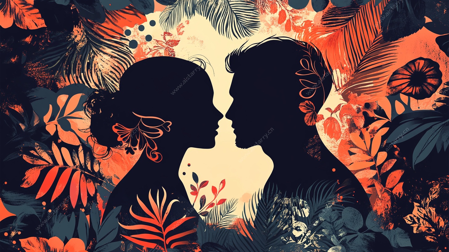 热带风情情侣剪影插画