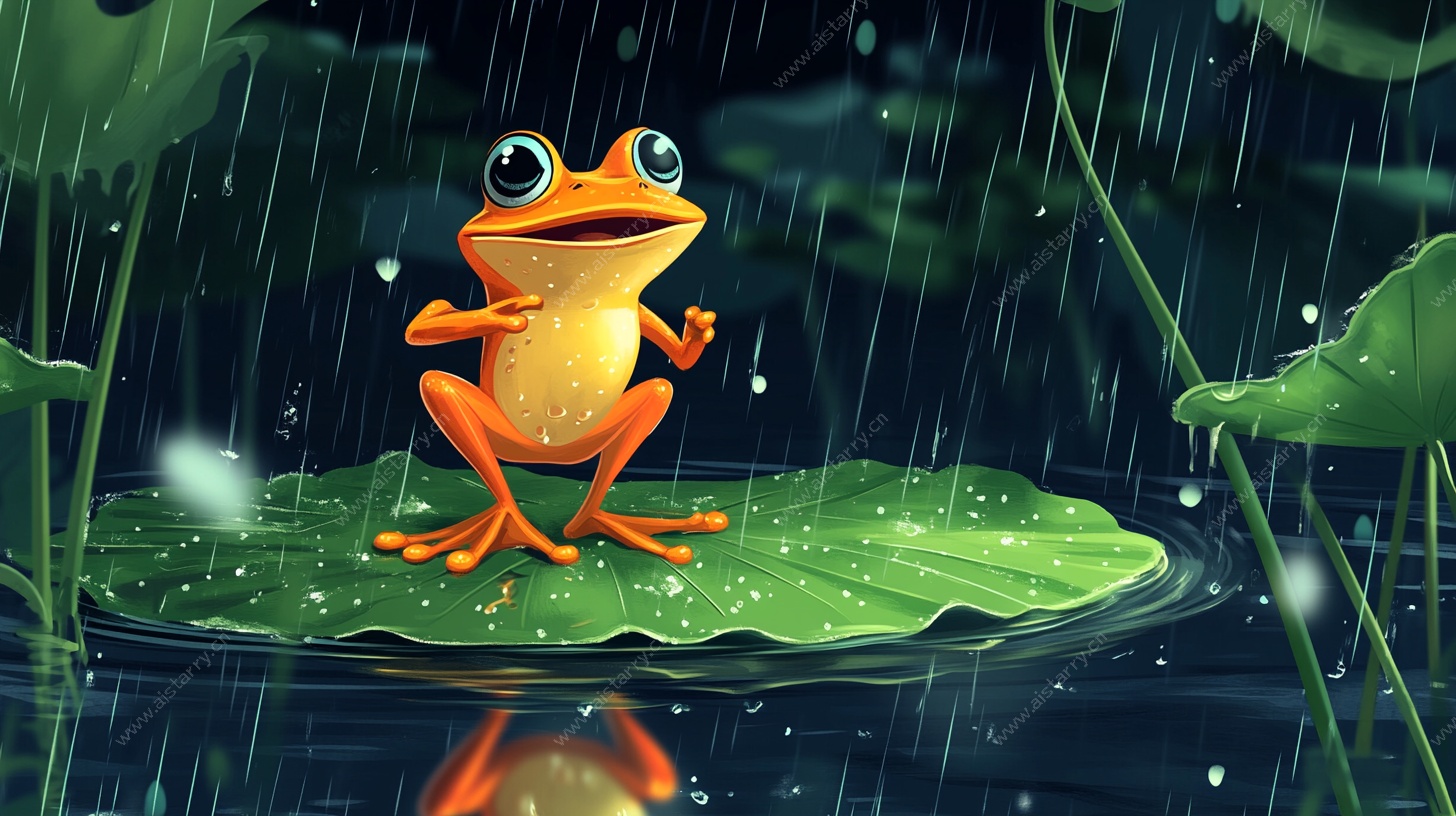 雨中萌蛙栖于荷叶之上