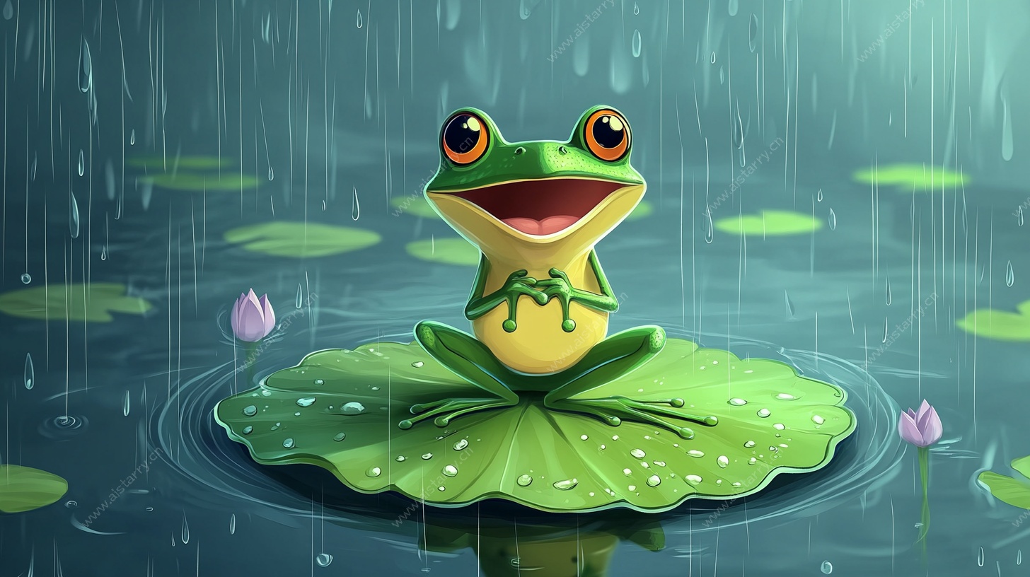 雨中荷叶上的欢乐青蛙
