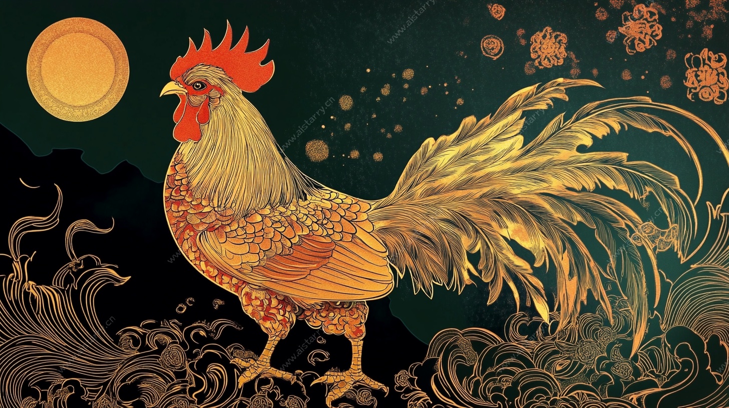 金色雄鸡月夜祥瑞图