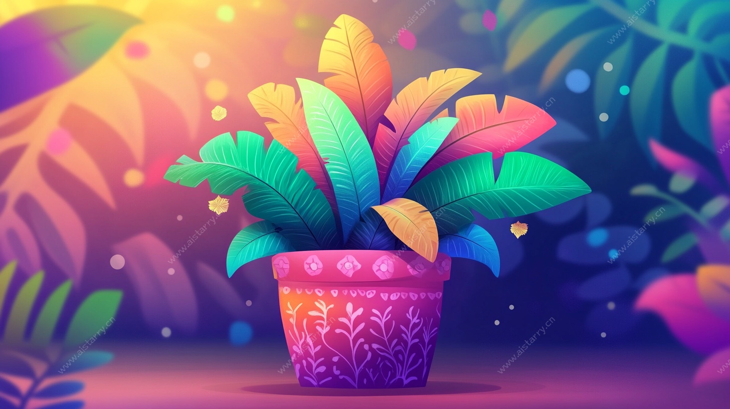 梦幻多彩盆栽植物插画