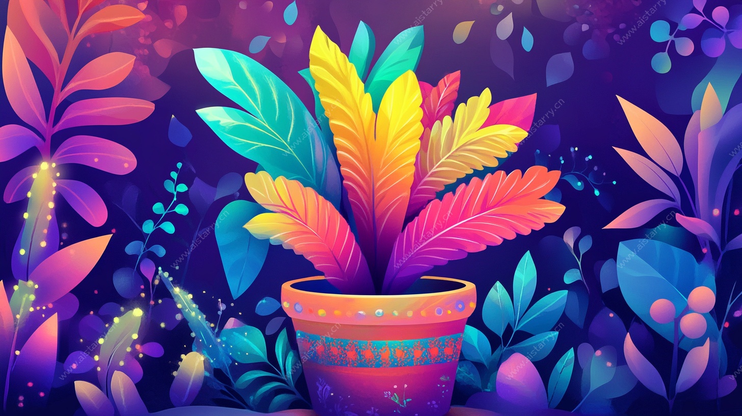 梦幻多彩盆栽插画