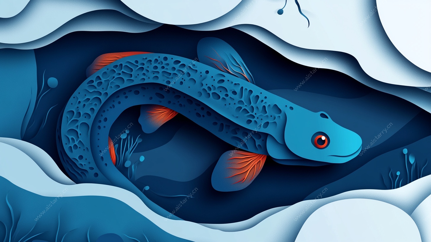 纸艺风格的奇幻蓝色游鱼