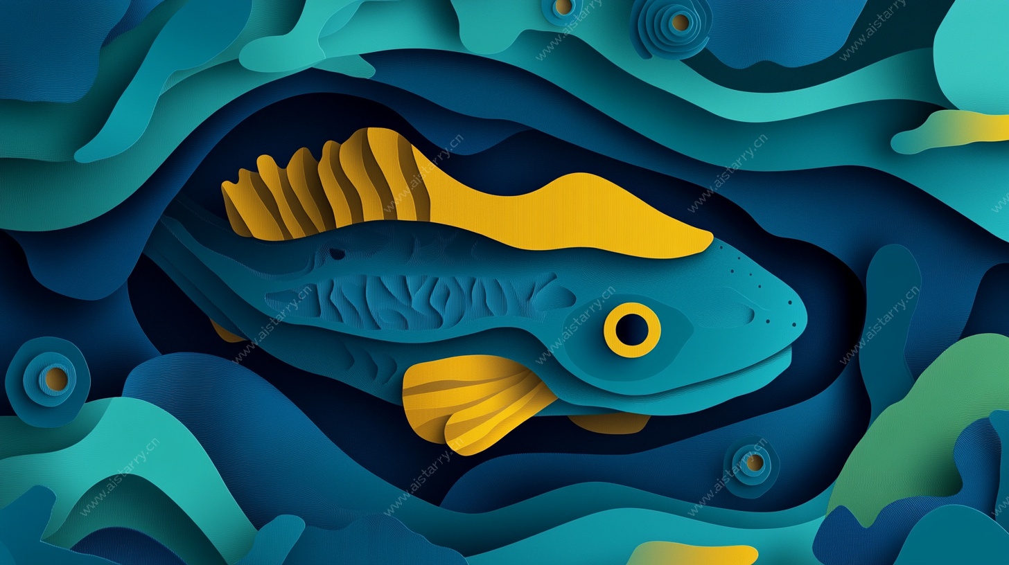 蓝色剪纸风海底小鱼插画