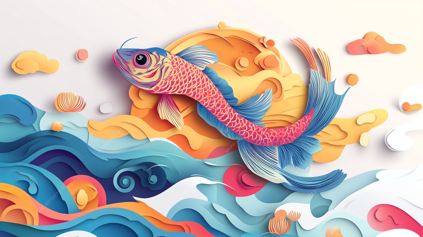 纸艺风锦鲤跃动海洋图