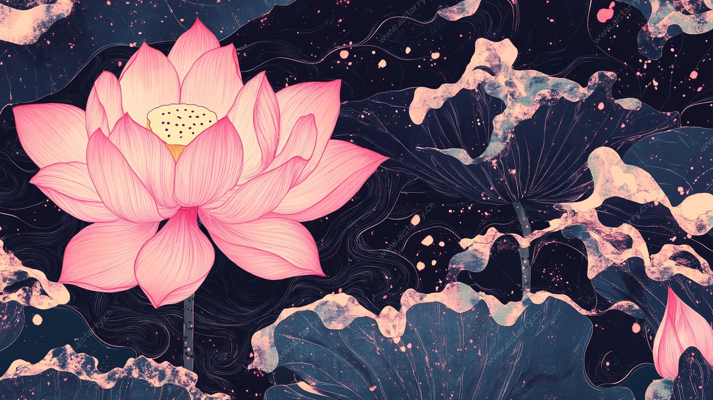 梦幻荷花海浪星空插画