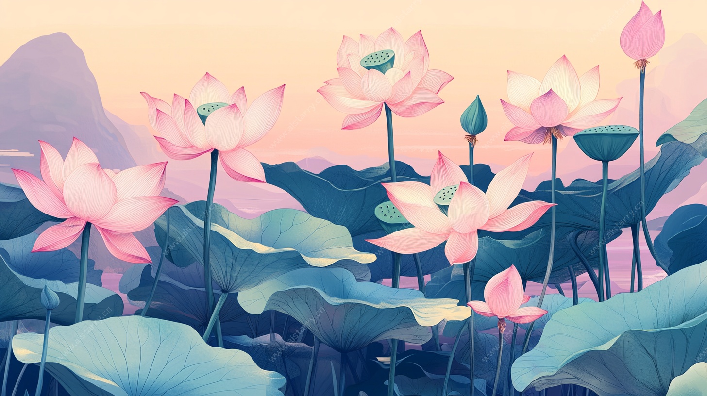 夏日荷塘梦幻荷花图