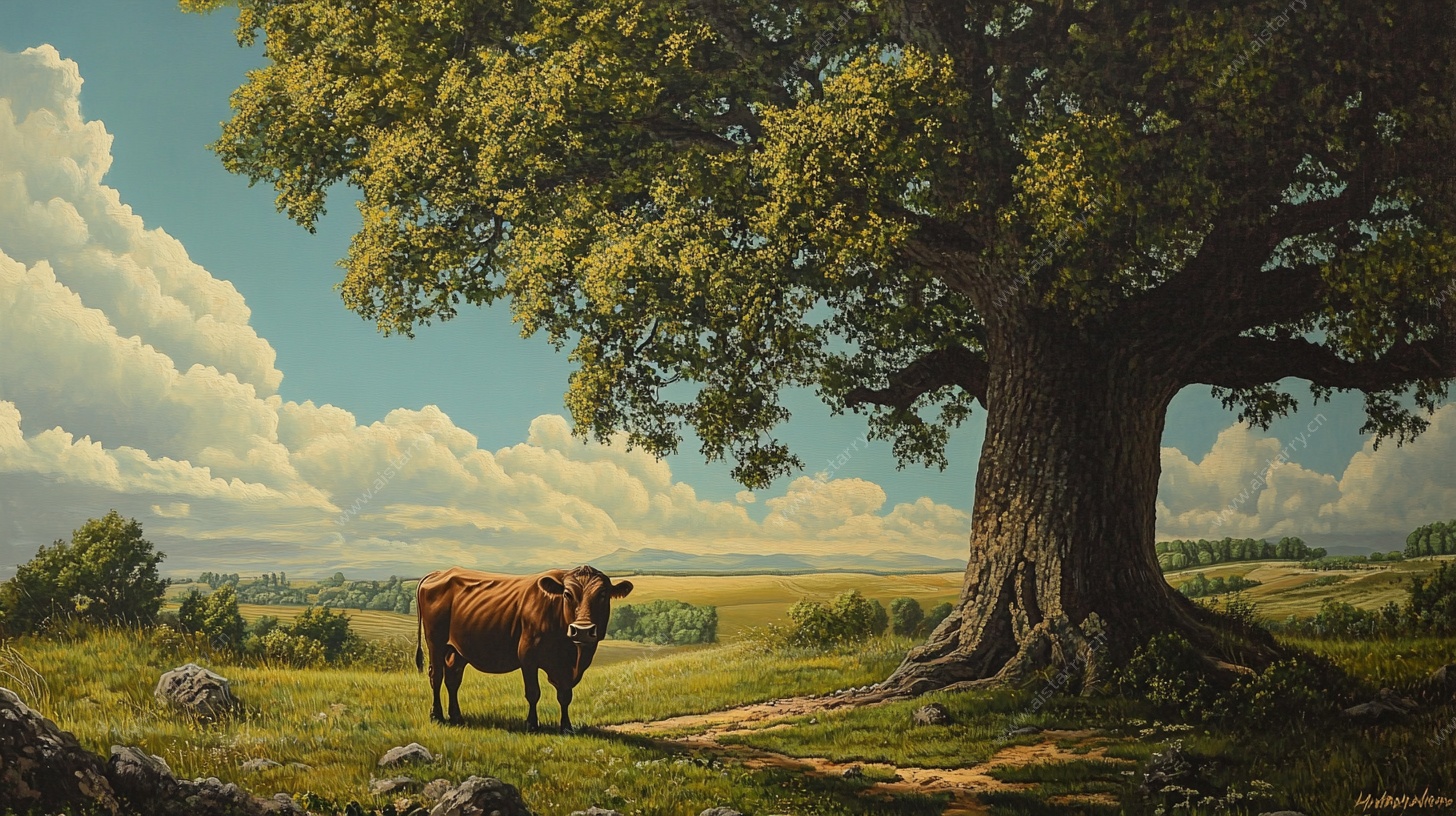 树下牧牛田园景