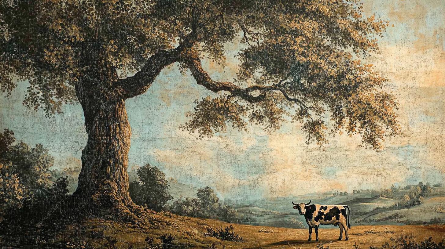 树下牧牛田园风景油画