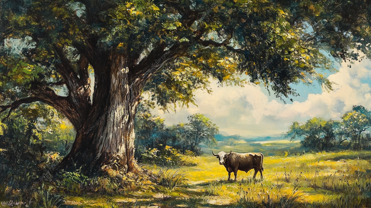 树下牧牛田园风光油画