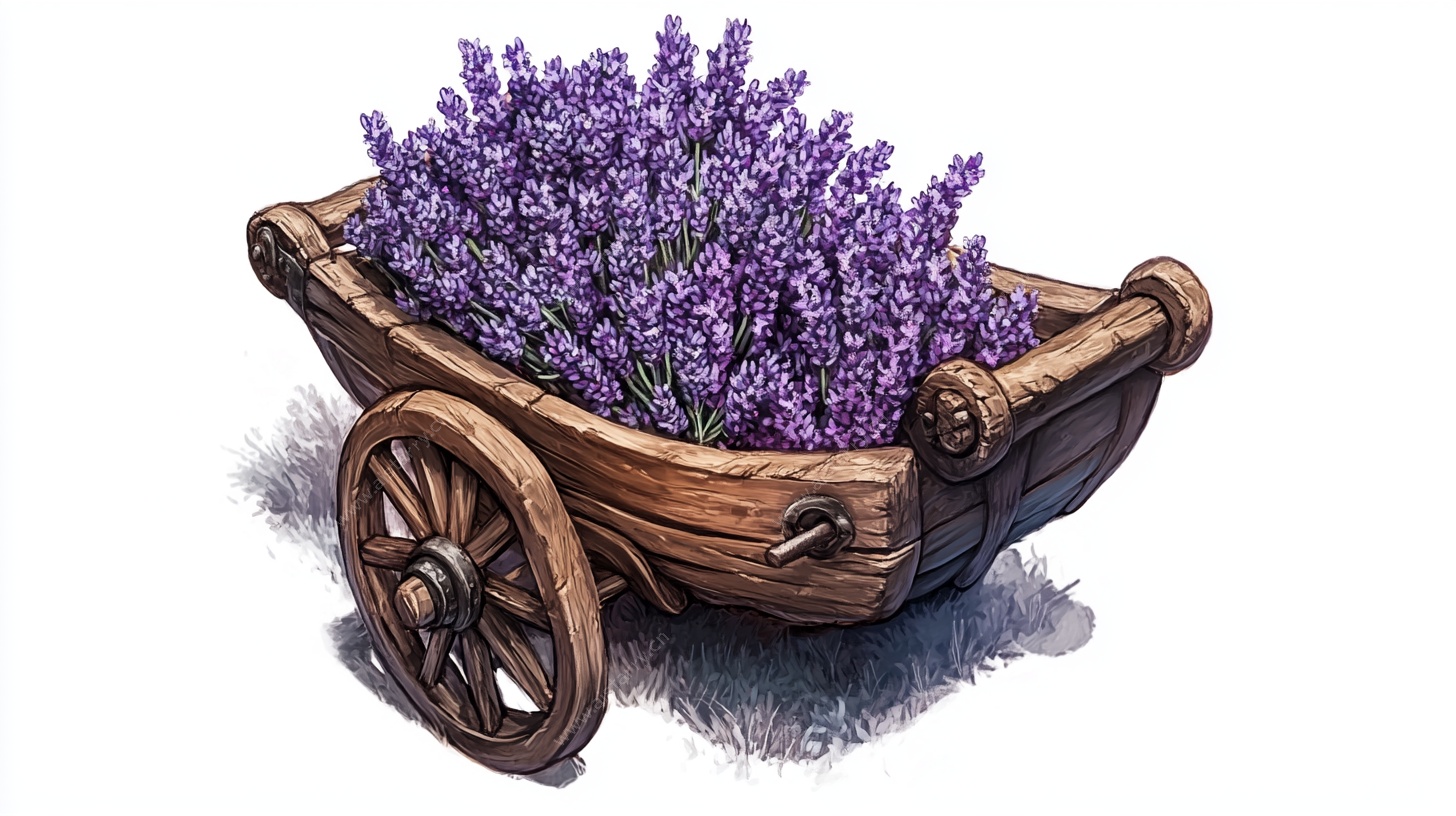木推车中的紫色薰衣草