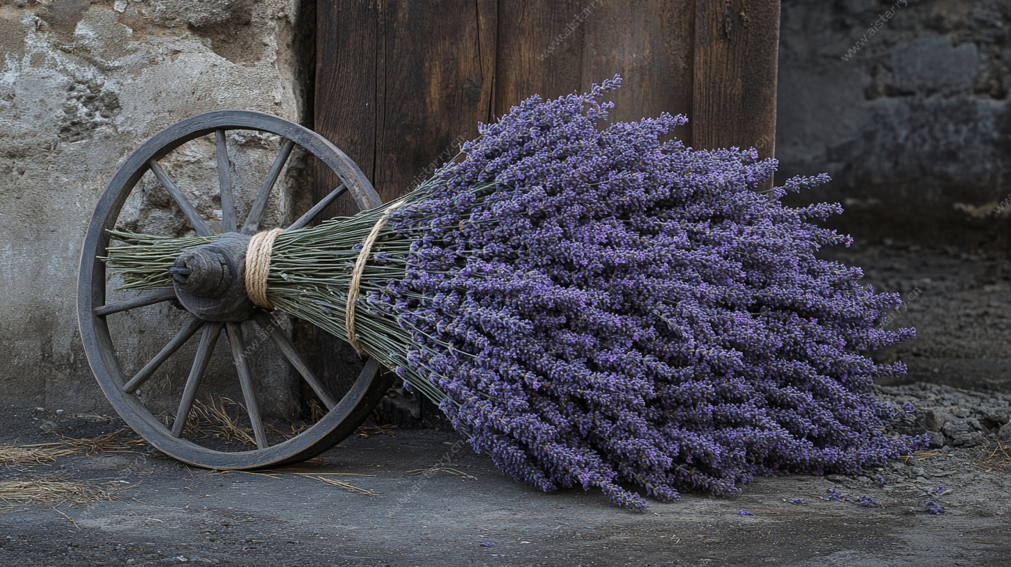 薰衣草束倚古老车轮