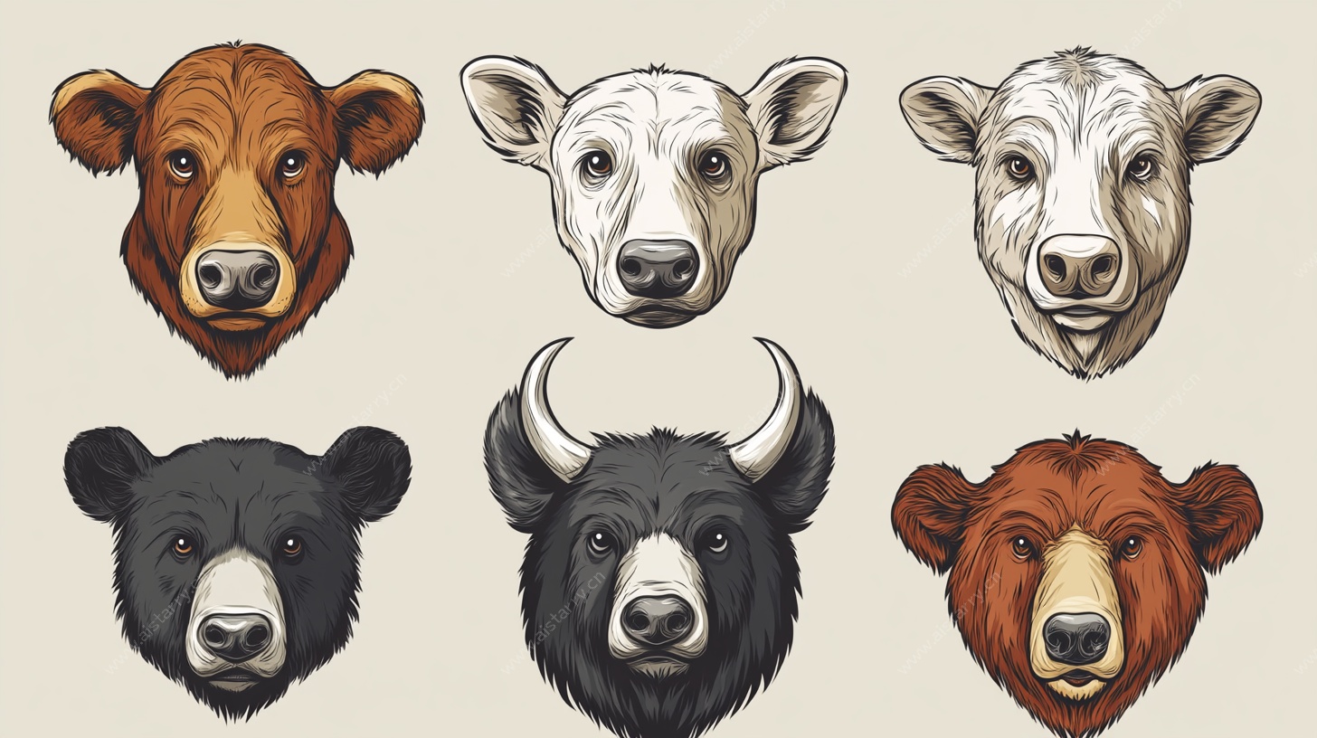 动物头像插画 牛与熊集合