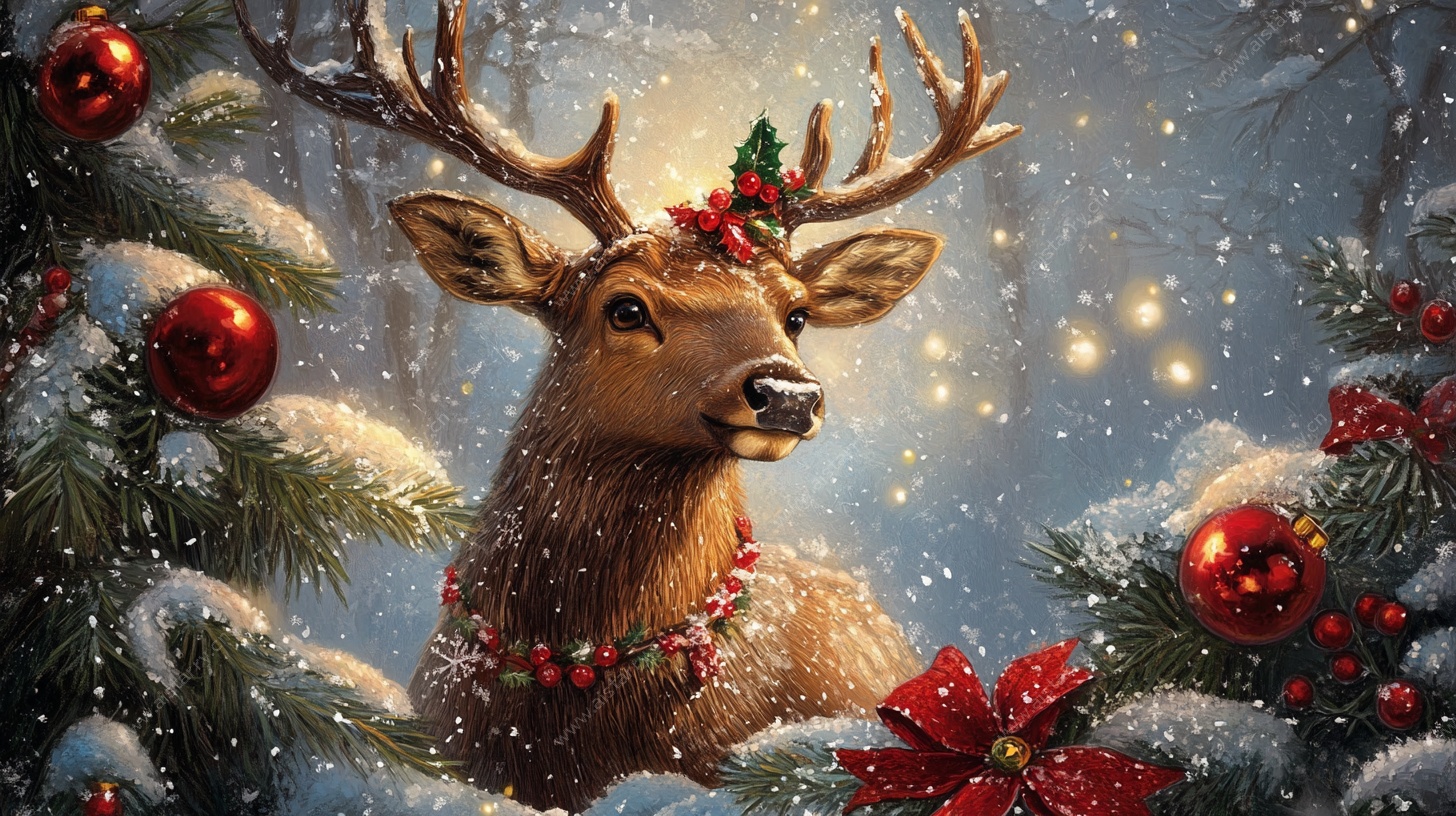 圣诞麋鹿雪景图