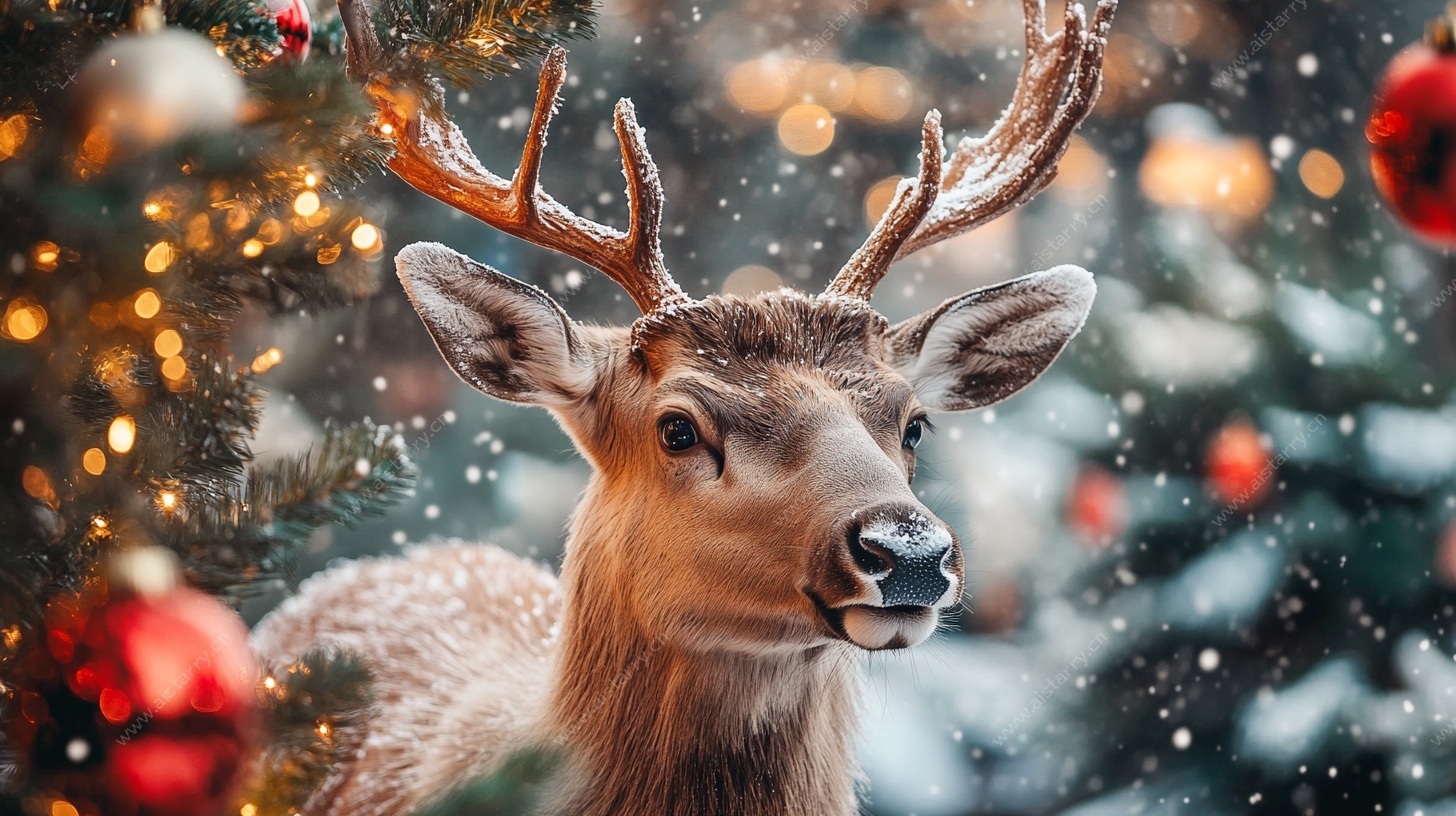圣诞驯鹿与装饰圣诞树