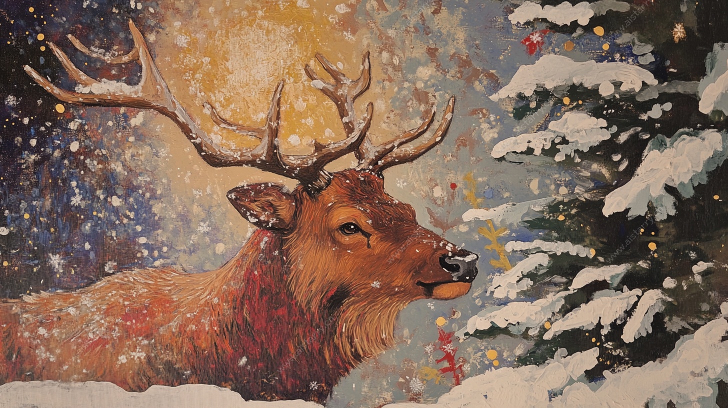 雪林中的驯鹿圣诞景象