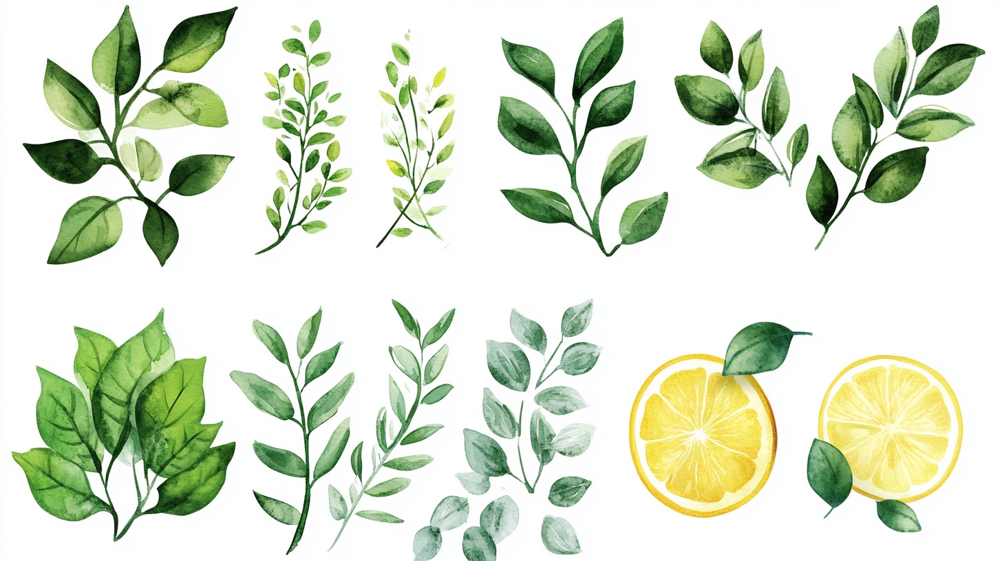 清新水彩绿叶柠檬元素集