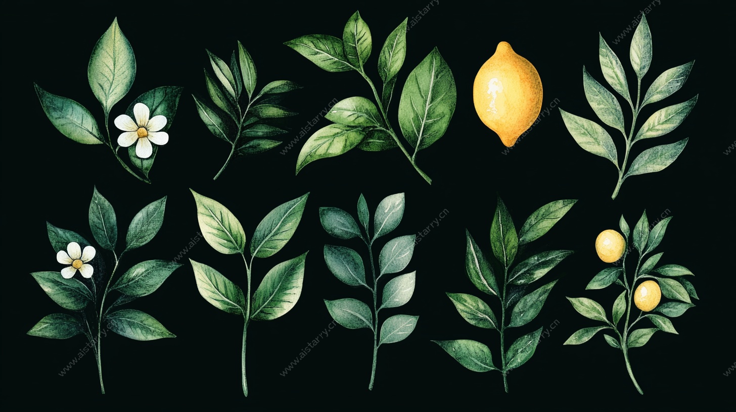 柠檬绿叶花卉水彩元素