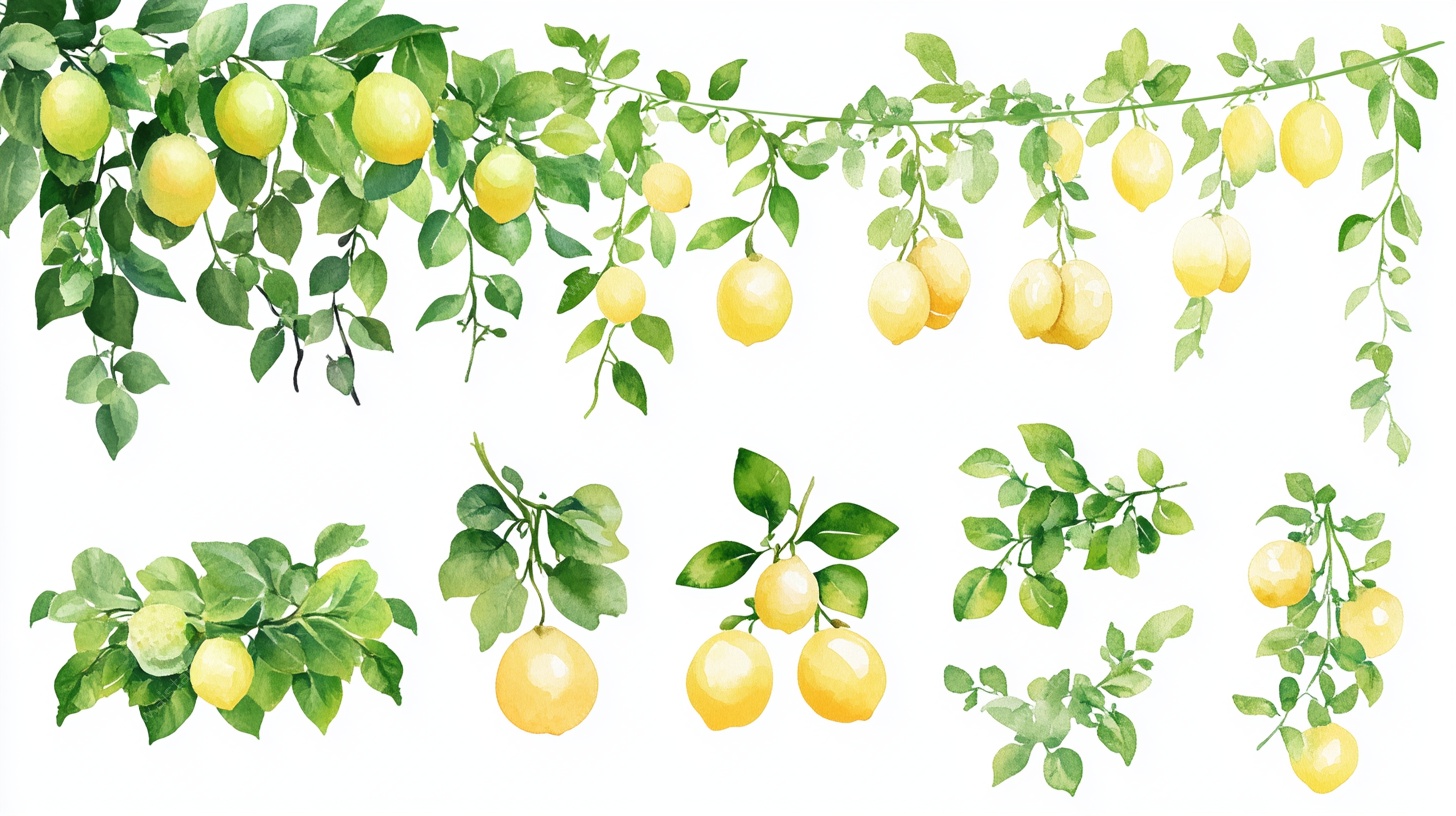 水彩风柠檬枝叶插画素材