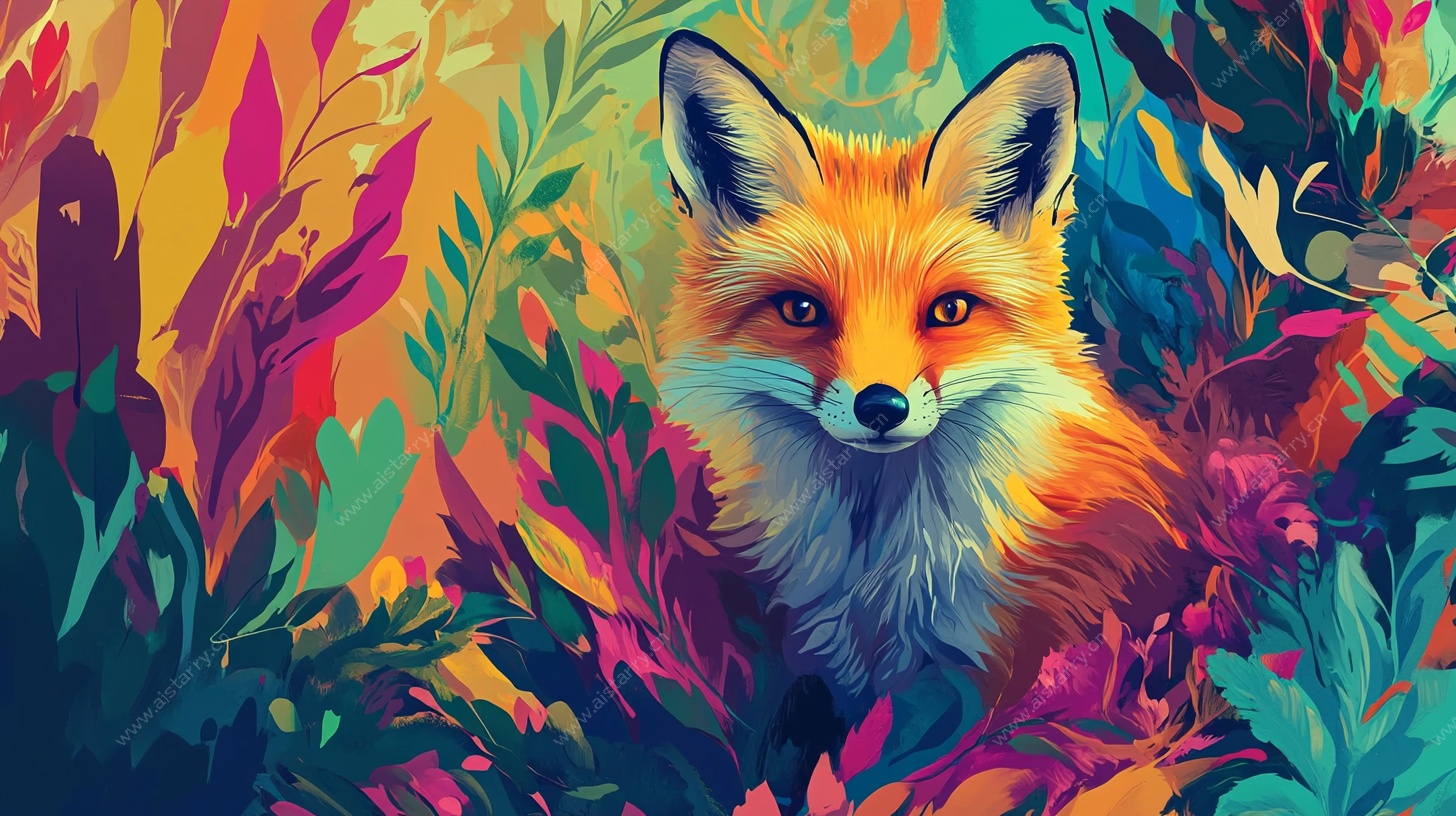 彩色森林中的狐狸插画