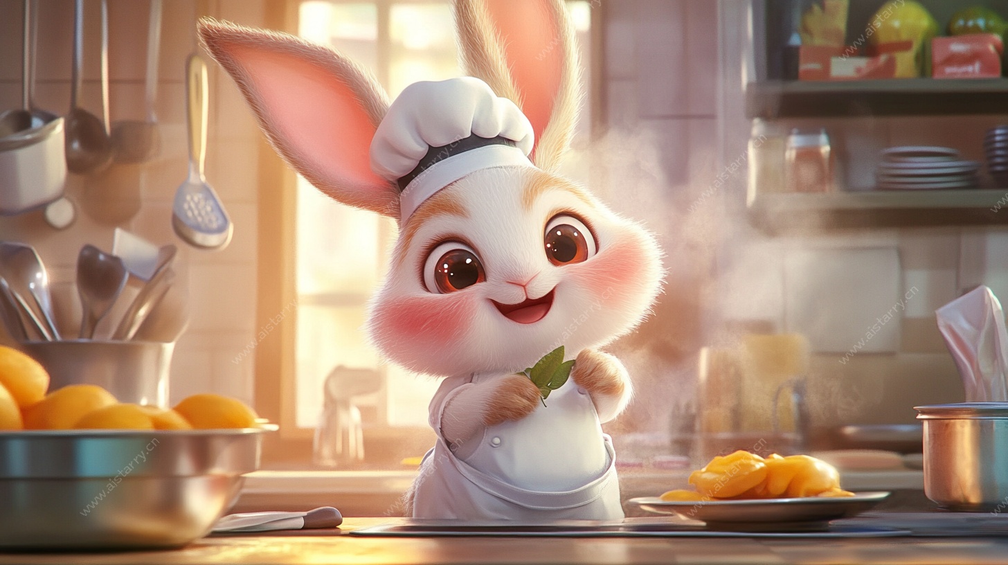 萌趣兔子大厨在厨房烹饪