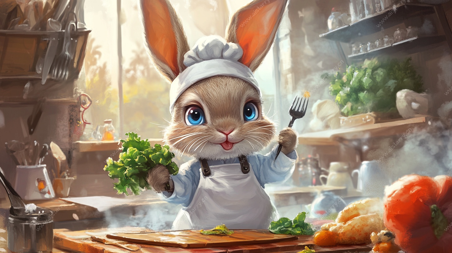 可爱兔子大厨在厨房烹饪
