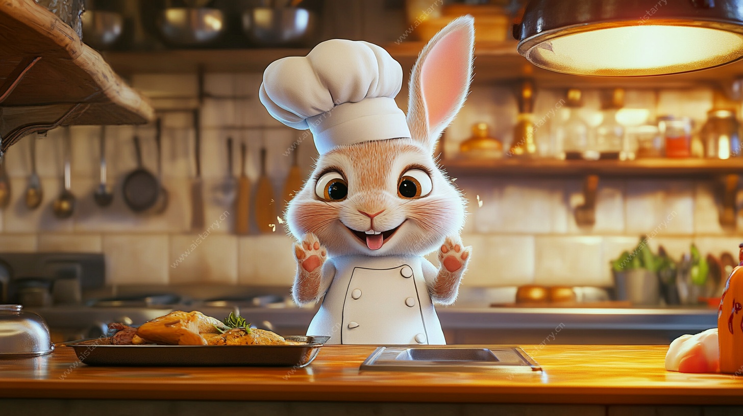 萌趣厨师兔在厨房烹饪