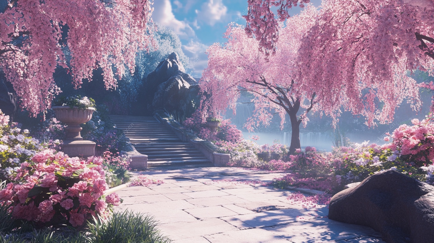 梦幻粉色繁花仙境小道
