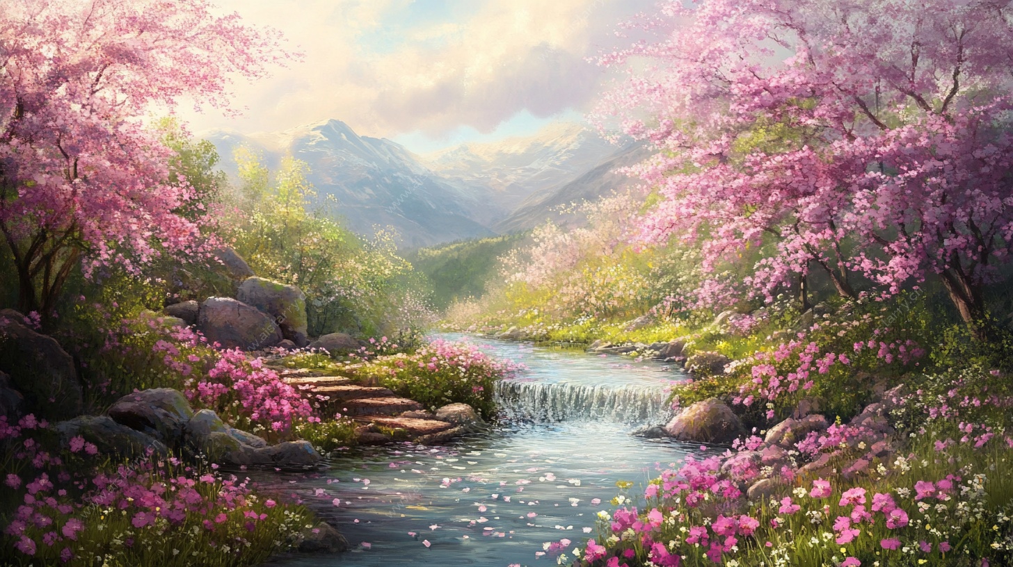 春日繁花溪流美景图