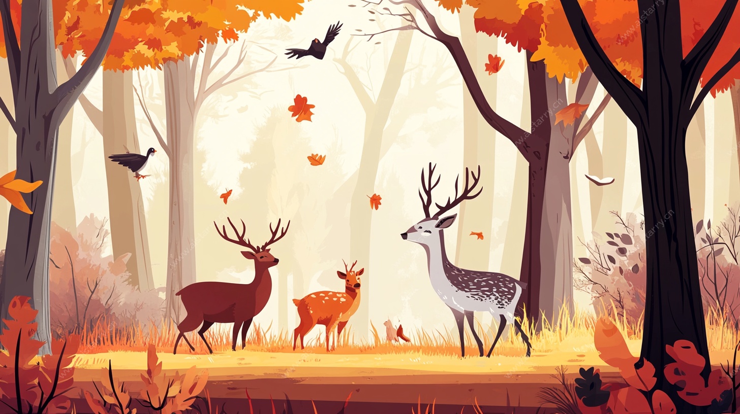 秋日森林中的鹿群漫步