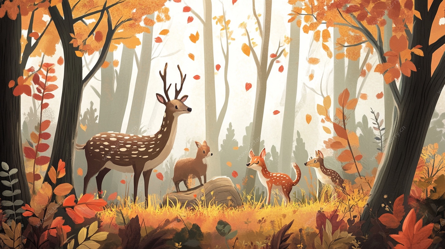 秋日森林中的鹿与松鼠