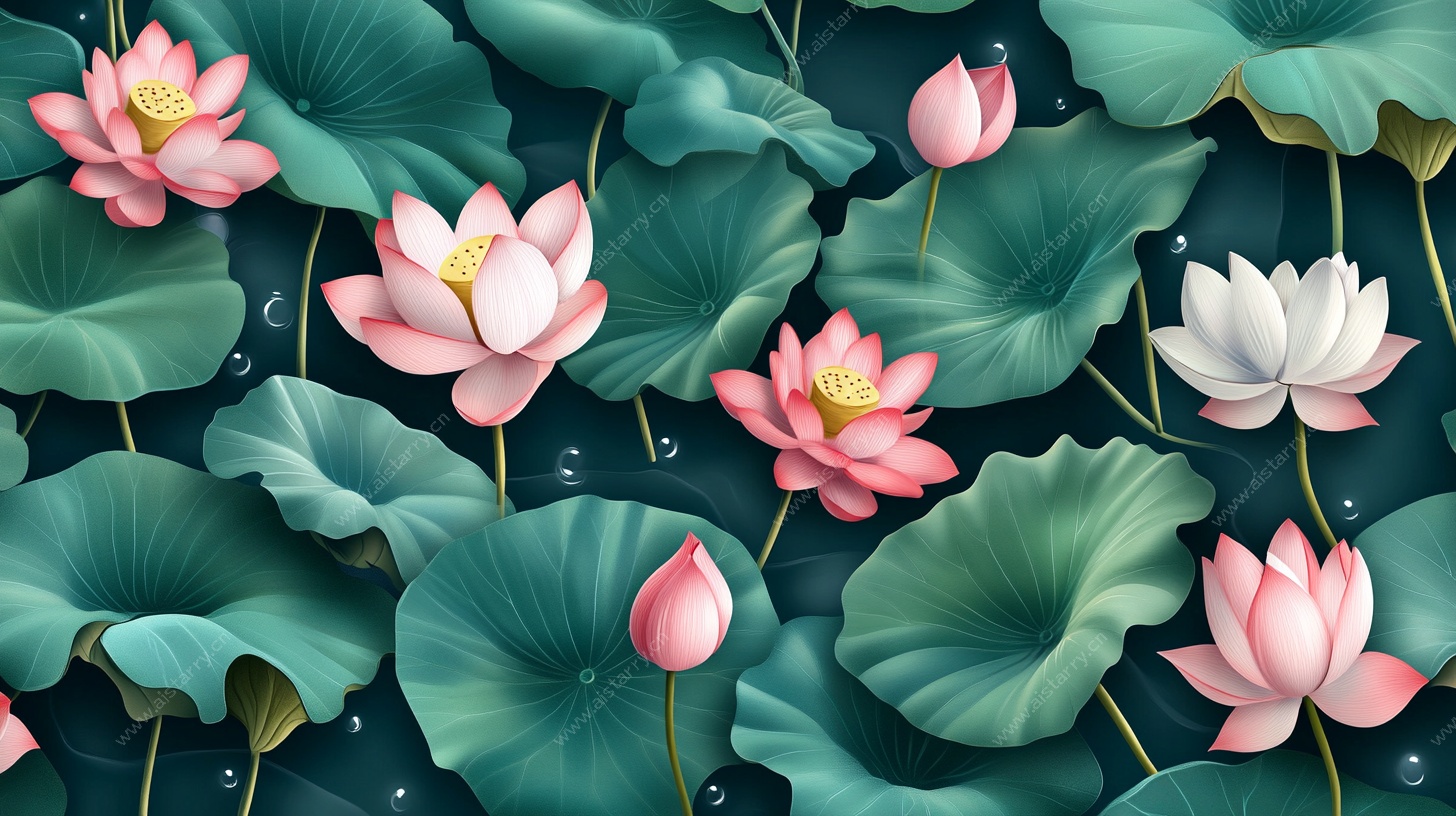 夏日荷塘荷花莲叶图案