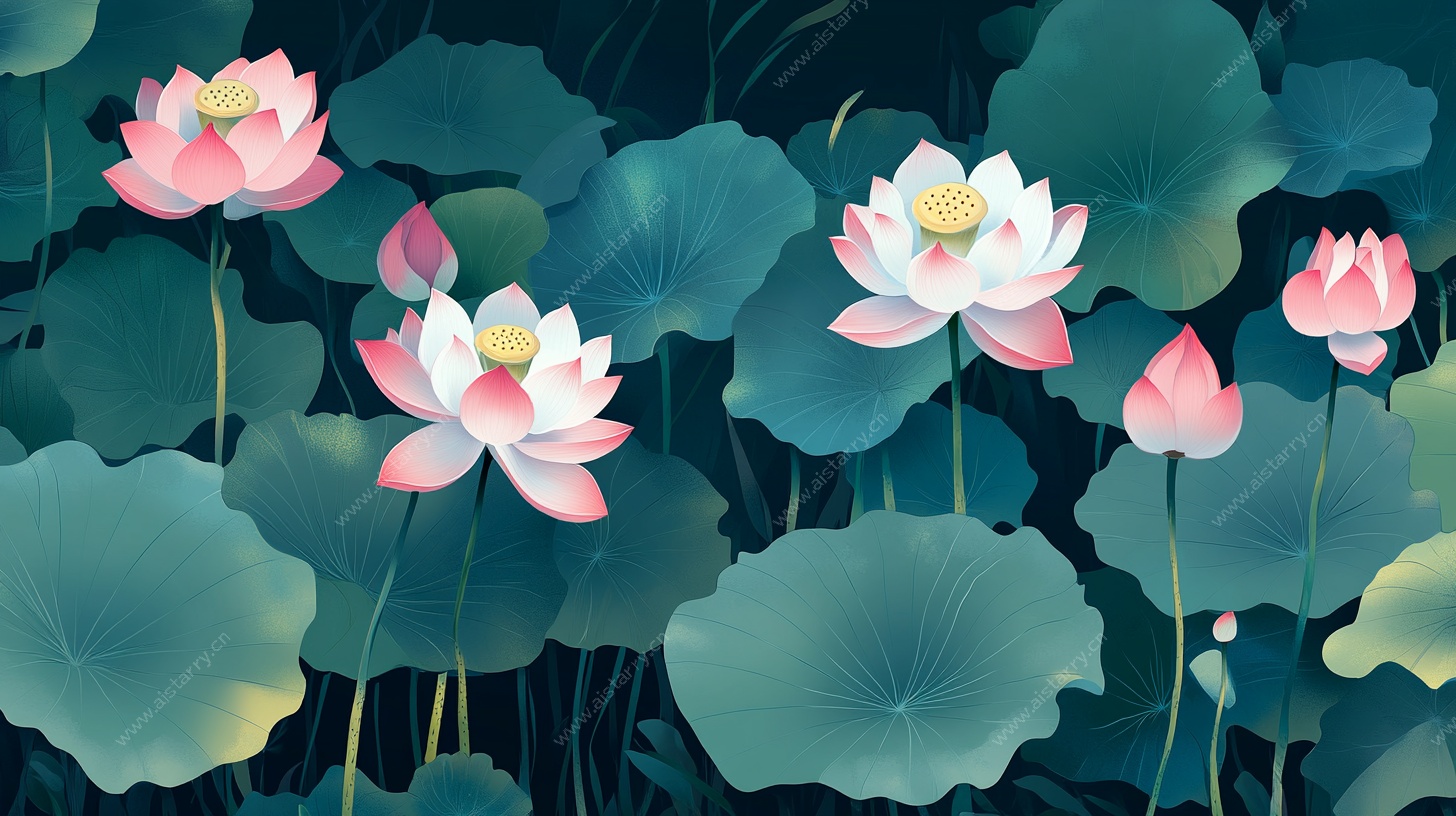 夏日荷塘荷花插画