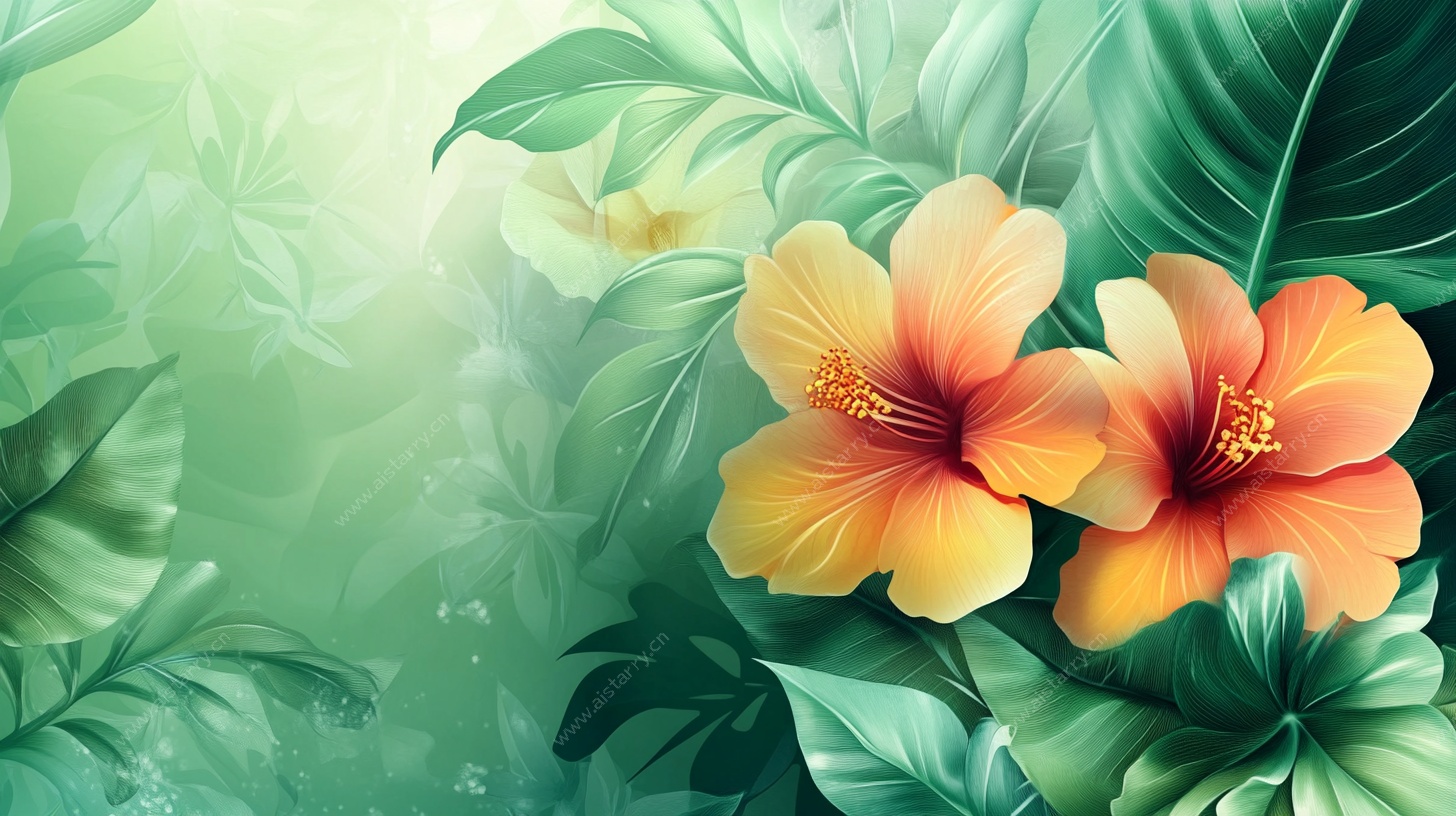 橙黄扶桑绽于绿意间