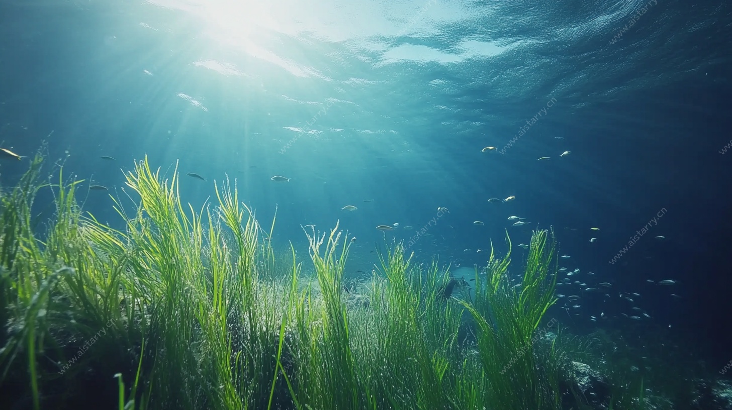水下阳光照耀的翠绿海草