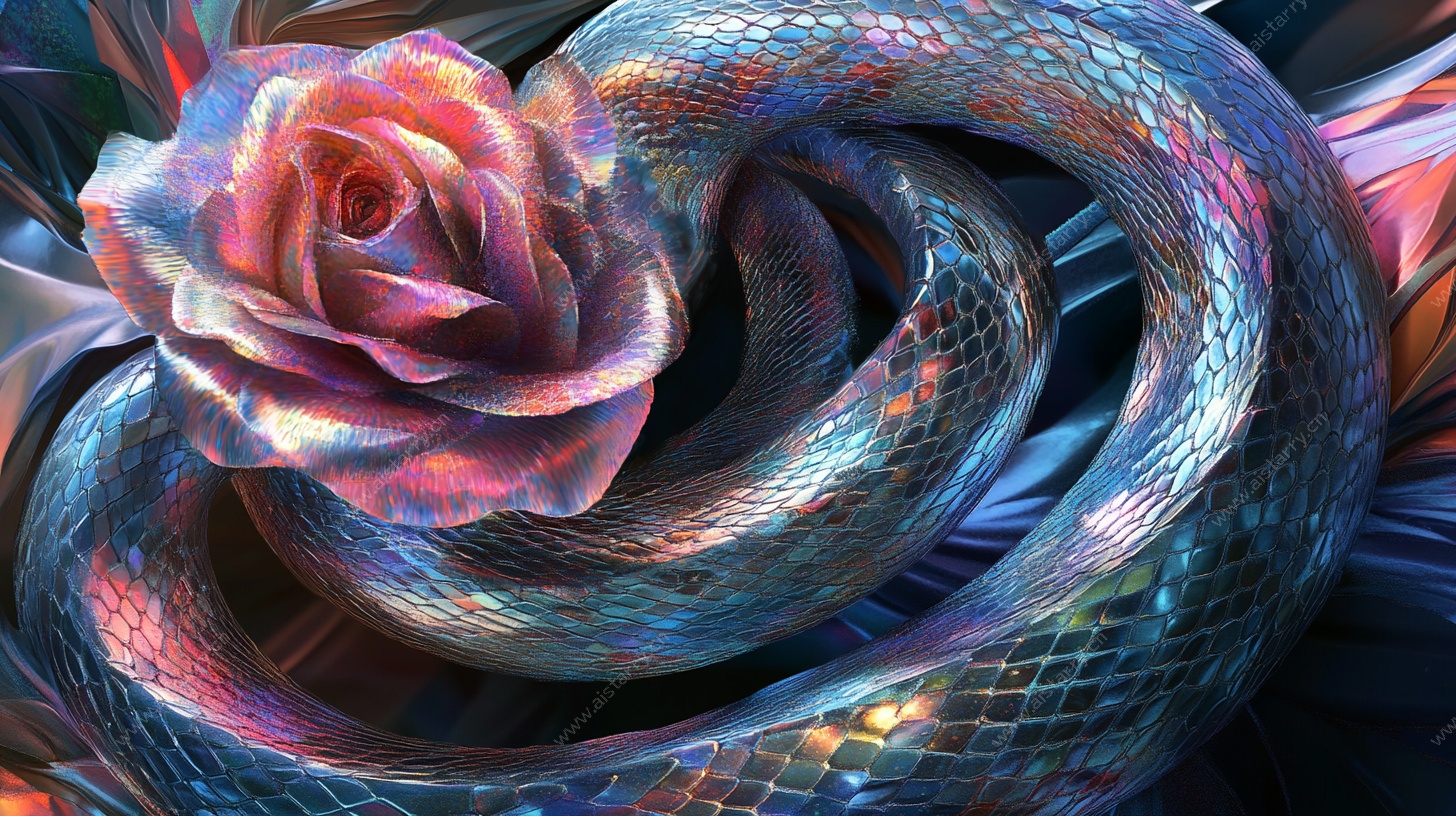 梦幻玫瑰缠绕蛇形艺术图