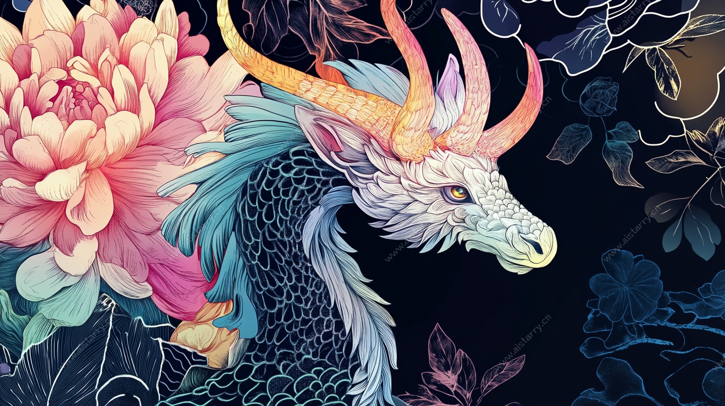 龙与牡丹奇幻插画